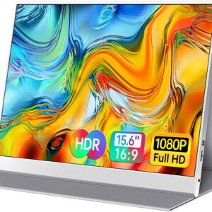 The image shows a vibrant display of a portable monitor with a multi-colored background. The screen size is labeled as 15.6 inches with an aspect ratio of 16:9, featuring HDR and 1080P Full HD resolution. The monitor has a sleek, minimalist design with a built-in stand.