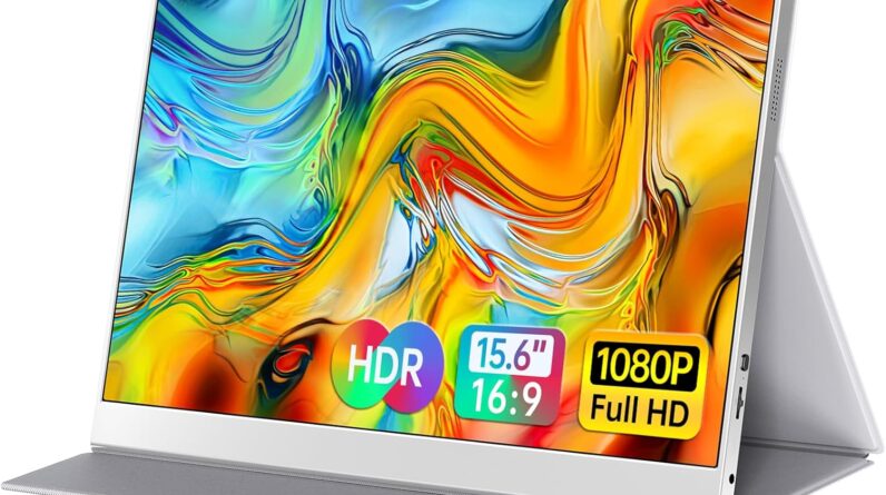 The image shows a vibrant display of a portable monitor with a multi-colored background. The screen size is labeled as 15.6 inches with an aspect ratio of 16:9, featuring HDR and 1080P Full HD resolution. The monitor has a sleek, minimalist design with a built-in stand.