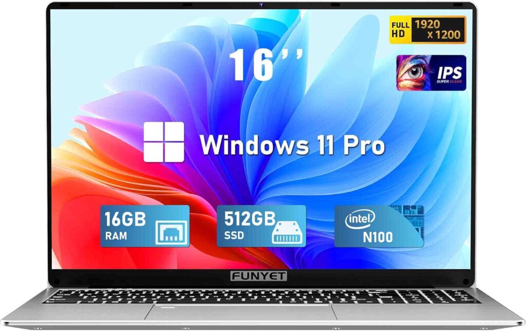 16 Inch Laptop Computer | Gaming Laptop | 16GB RAM 512GB SSD | 12th Gen N100 Processor | FHD 1920 * 1200 Display | 180 Angle Opening | Backlit Keyboard | Windows 11 Pro | Fingerprint Unlock