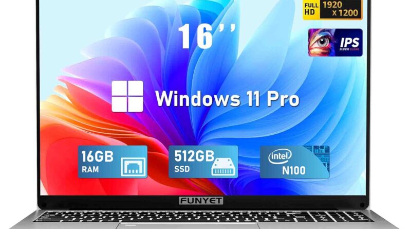 A FUNYET laptop displaying the Windows 11 Pro start screen. The laptop features a 16-inch Full HD (1920 x 1200) IPS display, 16GB of RAM, a 512GB SSD, and an Intel N100 processor. The background of the screen is a colorful abstract design.