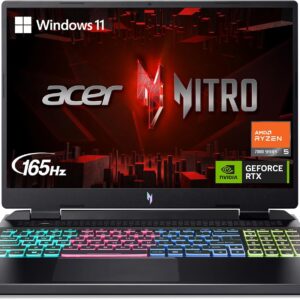 A black Acer Nitro laptop displaying its screen with the Acer and Nitro logos, along with a Windows 11 logo. It features AMD Ryzen 7000 Series, NVIDIA GeForce RTX, and 165Hz. The keyboard is backlit with multicolored RGB lighting.