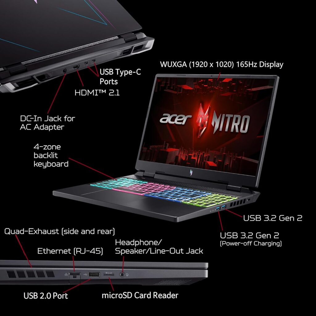 Acer Nitro 16 Gaming Laptop | AMD Ryzen 5 7640HS Hexa-Core CPU | NVIDIA GeForce RTX 4050 Laptop GPU | 16 WUXGA 165Hz IPS Display | 8GB DDR5 | 512GB Gen 4 SSD | WiFi 6E | RGB Backlit KB | AN16-41-R148