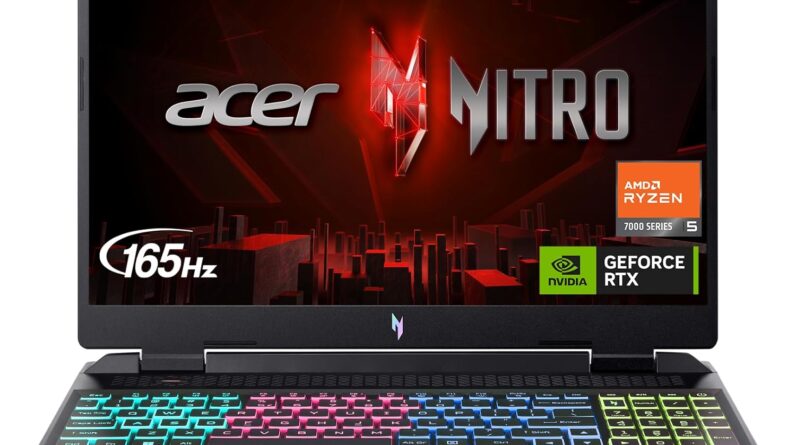 A black Acer Nitro laptop displaying its screen with the Acer and Nitro logos, along with a Windows 11 logo. It features AMD Ryzen 7000 Series, NVIDIA GeForce RTX, and 165Hz. The keyboard is backlit with multicolored RGB lighting.