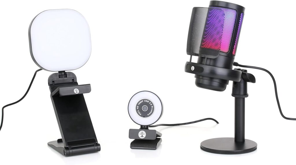 Live Streaming Kit- Perfect for Streaming Video Games on Twitch, YouTube, Podcasts and Working from Home. includes 1920x1080p Webcam, Professional USB Microphone, and One LED Multi-Color Light