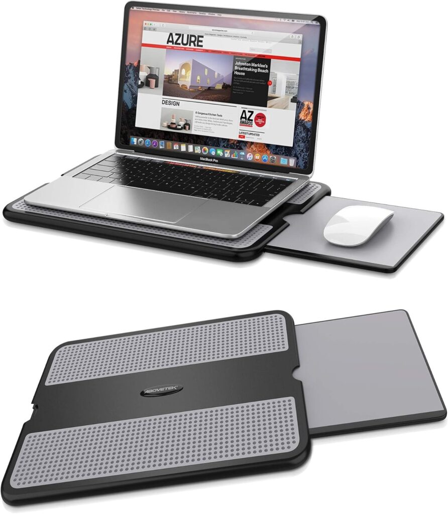 AboveTEK Portable Laptop Lap Desk w/ Retractable Left/Right Mouse Pad Tray, Non-Slip Heat Shield Tablet Notebook Computer Stand Table w/ Sturdy Stable Work Surface for Bed Sofa Couch or Travel