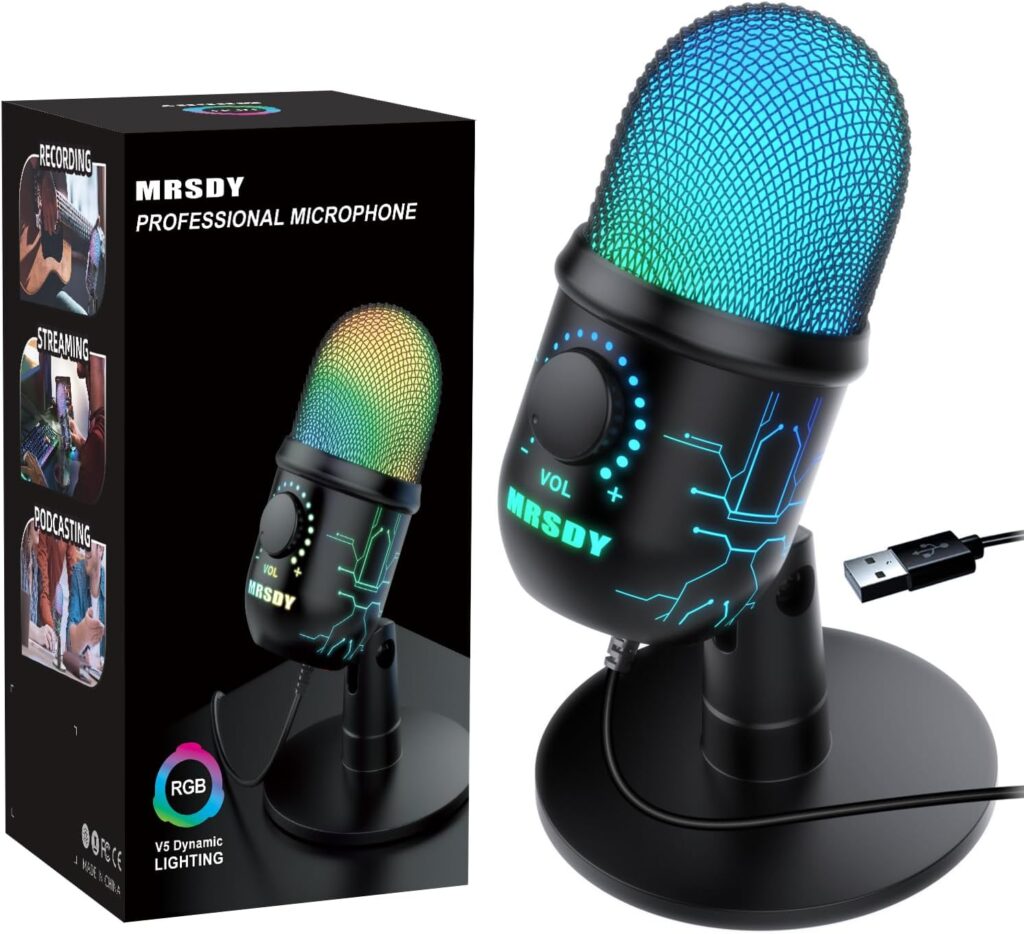 Gaming Microphone, USB Computer Microphone for PC, Mac, PS4/5, Condenser Podcast Mic for Studio Recording, YouTube, Streaming, with Headphone Jack, Led Light, Mute, Gain, Noise Cancellation