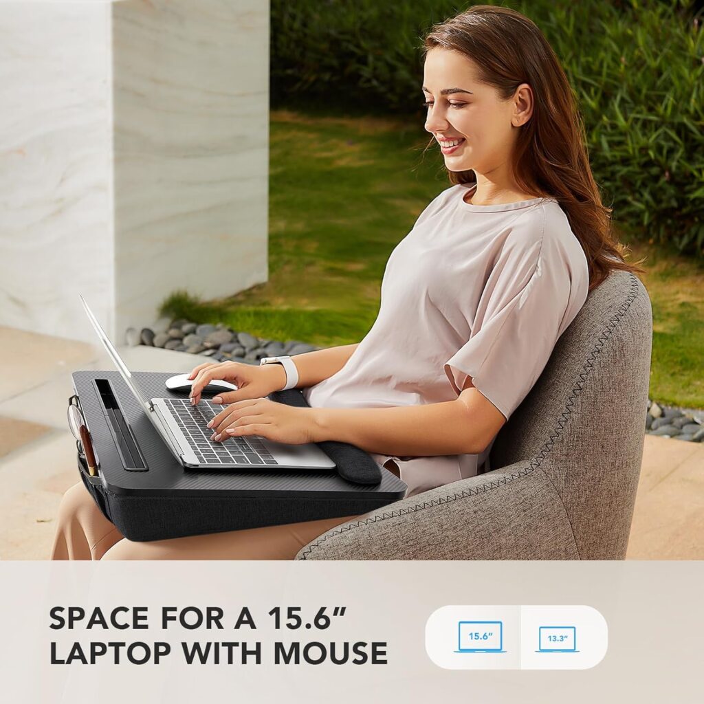 HUANUO Portable Lap Laptop Desk with Pillow Cushion, Fits up to 15.6 inch Laptop, with Anti-Slip Strip Storage Function for Home Office Students Use as Computer Laptop Stand, Book Tablet