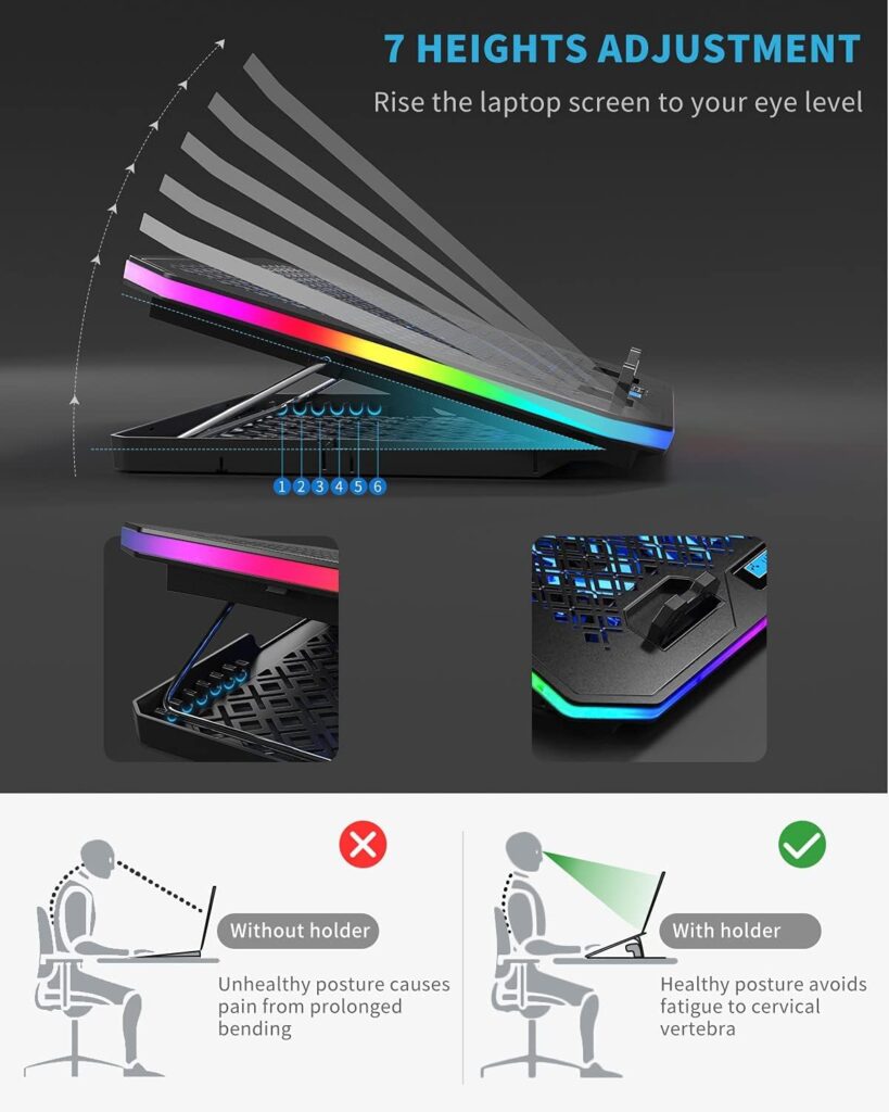 KeiBn Upgarde Laptop Cooling Pad, RGB Lights laptop Cooler 6 Fans for 15.6-17.3 Inch Laptops, 7 Height Stands, 10 Modes Light, 2 USB Ports, Desk or Lap Use (A8,Blue)