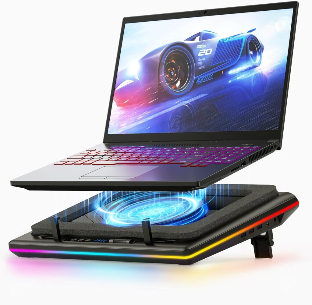 llano RGB Laptop Cooling Pad with Powerful Turbofan, Gaming Laptop Cooler with Infinitely Variable Speed,Touch Control,LCD Screen,Seal Foam for Rapid Cooling Laptop15-19in