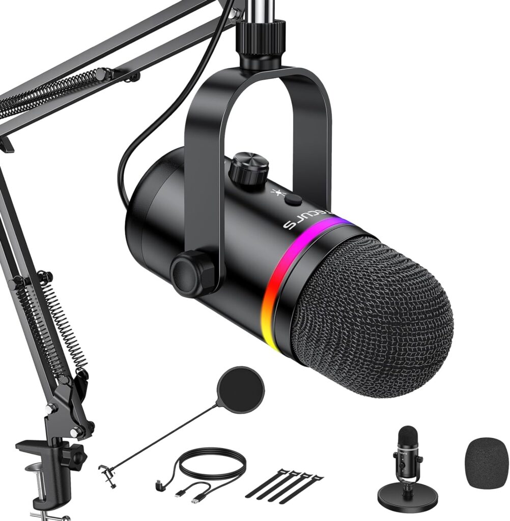 TECURS RGB Gaming Microphone-USB Microphone for Streaming Recording-PC Microphone Kit for Condenser,Computer Mic Bundle for Podcast,Audio,Vocal,Video on Mac/Desktop/Laptop,with Boom Arm Stand