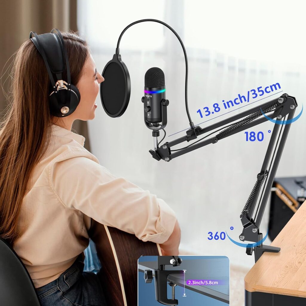 TECURS RGB Gaming Microphone-USB Microphone for Streaming Recording-PC Microphone Kit for Condenser,Computer Mic Bundle for Podcast,Audio,Vocal,Video on Mac/Desktop/Laptop,with Boom Arm Stand