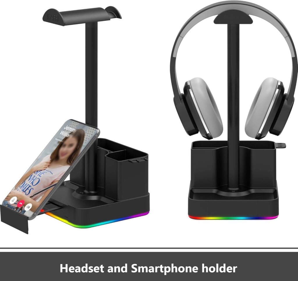 KAFRI RGB Headphone Stand with USB Charger Desk Gaming Headset Holder Hanger Rack with 3 USB Charging Port and 2 Outlet - Suitable for Gamer Desktop Table Game Earphone Accessories Girlfriend Gift