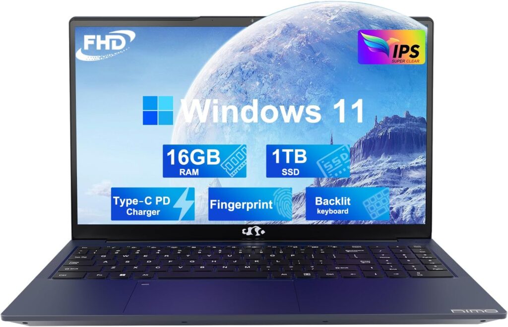 NIMO 15.6 FHD Student Laptop, 16GB RAM, 1TB SSD, Backlit Keyboard, Fingerprint, Intel Pentium Quad-Core N100 (Beat to i3-1115G4, Up to 3.4GHz), 2 Years Warranty, Type C 65W Charger, WiFi 6, Win 11