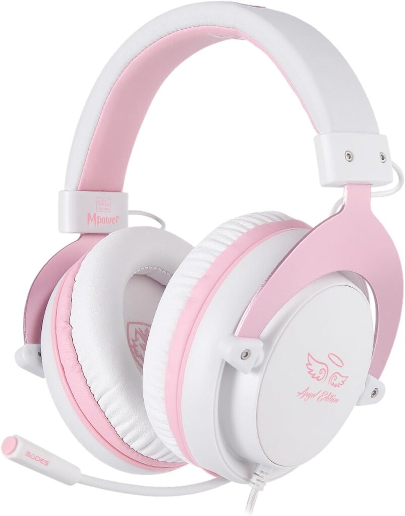 SADES MPOWER Stereo Gaming Headset for PS4, PC, Mobile, Noise Cancelling Over Ear Headphones with Retractable Flexible Mic  Soft Memory Earmuffs for Laptop Mac Games-Angel Edition Pink (Pink)